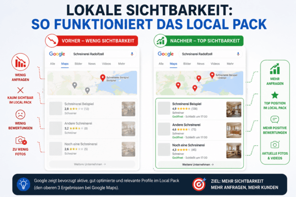 Vergleich der Google Maps Sichtbarkeit vor und nach der Optimierung eines Google Business Profils im Local Pack