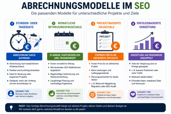 Infografik zu verschiedenen SEO Abrechnungsmodellen wie Stundenbasis, monatliche Betreuung und projektbasierte SEO