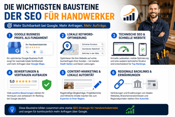 Infografik zu den wichtigsten Bausteinen der SEO für Handwerker mit Google Business Profil, Bewertungen und lokaler SEO