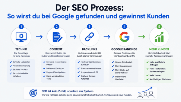 SEO Prozess Grafik mit Technik, Content, Backlinks und Google Rankings zur Kundengewinnung