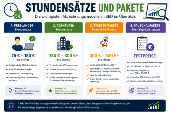 Infografik zu SEO Stundensätzen, Agenturpreisen und SEO Paketen für Unternehmen im Jahr 2026