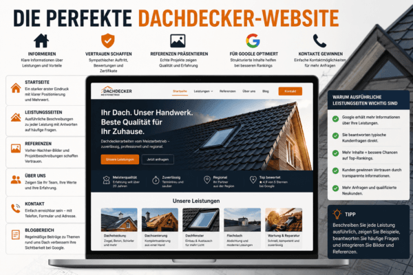 Die perfekte Dachdecker-Website mit Leistungsseiten, Referenzen, Kontaktbereich und SEO optimierten Inhalten