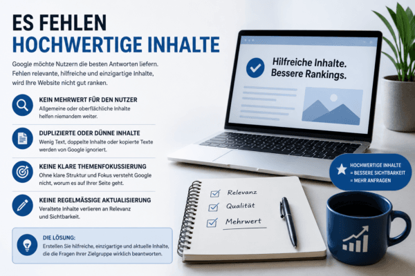 Hochwertige Inhalte verbessern die Google Sichtbarkeit und helfen Unternehmen dabei, bessere Rankings und mehr Anfragen zu erzielen