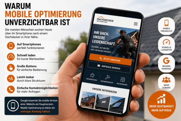 Mobile Optimierung für Dachdecker Websites mit schneller Ladezeit, guter Nutzerfreundlichkeit und einfacher Kontaktaufnahme per Smartphone