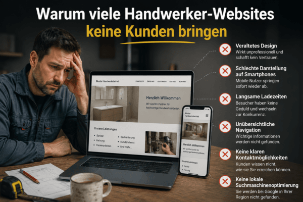Typische Fehler bei Handwerker Websites wie veraltetes Design, schlechte mobile Darstellung und fehlende lokale SEO