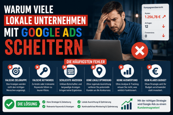 Häufige Fehler bei Google Ads für lokale Unternehmen wie falsche Keywords, schlechte Anzeigen und fehlende lokale Optimierung