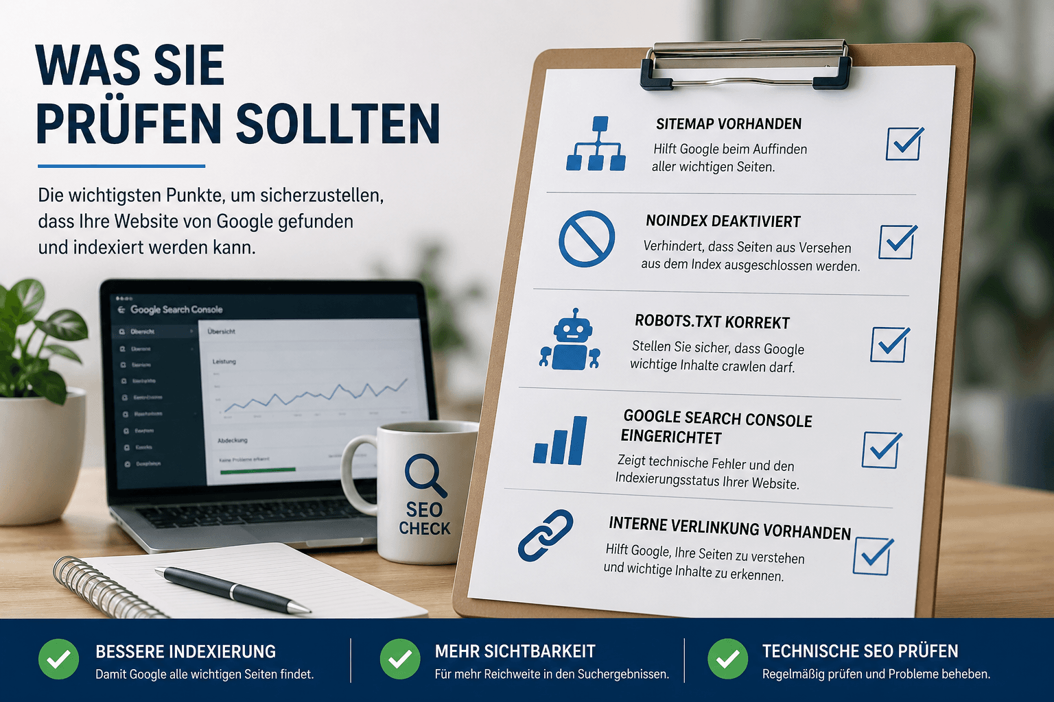 Checkliste zur Google Indexierung mit Sitemap, robots.txt, Google Search Console und interner Verlinkung