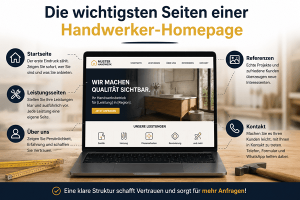 Die wichtigsten Seiten einer Handwerker Homepage mit Startseite, Leistungen, Referenzen, Über uns und Kontakt