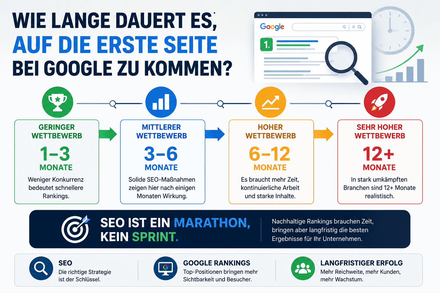 Wie lange dauert es, auf die erste Seite bei Google zu kommen? Übersicht typischer SEO Zeiträume je nach Wettbewerb und Branche