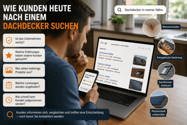Potenzieller Kunde sucht bei Google nach einem Dachdecker und vergleicht Bewertungen, Leistungen und Referenzprojekte verschiedener Anbieter