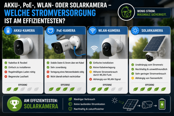 Vergleich von Akku-, PoE-, WLAN- und Solarkameras hinsichtlich Stromverbrauch und Effizienz