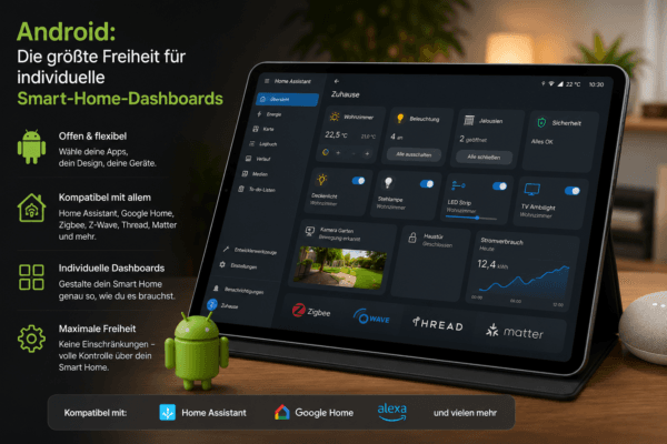 Android-Tablet als Smart-Home-Zentrale mit individuellem Home-Assistant-Dashboard sowie Unterstützung für Google Home, Alexa und Matter