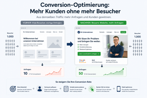 Conversion-Optimierung: Infografik zeigt, wie dieselbe Besucherzahl durch eine optimierte Website zu deutlich mehr Kundenanfragen führt.