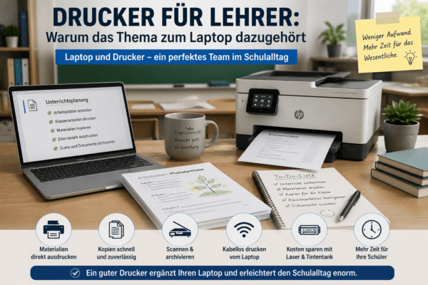 Infografik zu Laptop und Drucker für Lehrer mit Arbeitsblättern, Klassenarbeiten, Scanner, WLAN-Druck und Unterrichtsvorbereitung