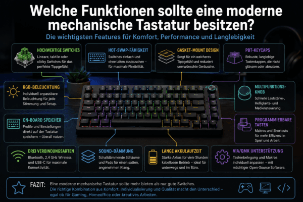Welche Funktionen sollte eine moderne mechanische Tastatur besitzen? Die wichtigsten Features für Gaming, Homeoffice und Vielschreiber im Überblick.