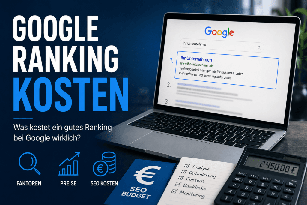 Google Ranking Kosten mit Laptop, Google-Suchergebnissen, SEO-Budget und Taschenrechner