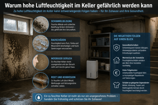 Infografik zeigt die Folgen von hoher Luftfeuchtigkeit im Keller wie Schimmel, Bauschäden und Rost
