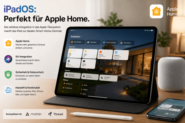 iPad mit iPadOS und Apple Home zur Steuerung eines Smart Homes mit HomeKit, Matter und Thread-Unterstützung