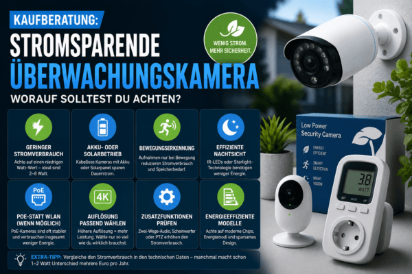 Kaufberatung für stromsparende Überwachungskameras mit wichtigen Auswahlkriterien und Strommessgerät