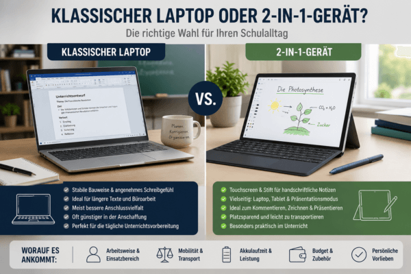 Infografik zum Vergleich von klassischem Laptop und 2-in-1-Gerät für Lehrer mit Vorteilen bei Mobilität, Stiftbedienung, Akkulaufzeit und Produktivität