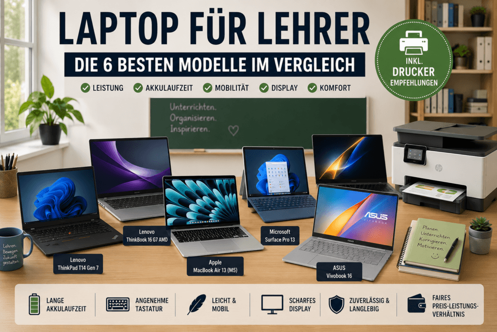 SEO-ALT-Text Laptop für Lehrer Vergleich 2026 mit Lenovo ThinkPad T14 Gen 7, Lenovo ThinkBook 16 G7, Apple MacBook Air M5, Microsoft Surface Pro 13, Samsung Galaxy Book6 Ultra und ASUS Vivobook 16 inklusive Drucker für Lehrer