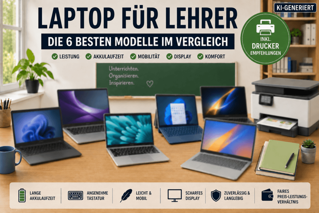 Laptop für Lehrer Vergleich 2026 mit Lenovo ThinkPad T14 Gen 7, Lenovo ThinkBook 16 G7, Apple MacBook Air M5, Microsoft Surface Pro 13, Samsung Galaxy Book6 Ultra und ASUS Vivobook 16 inklusive Drucker für Lehrer