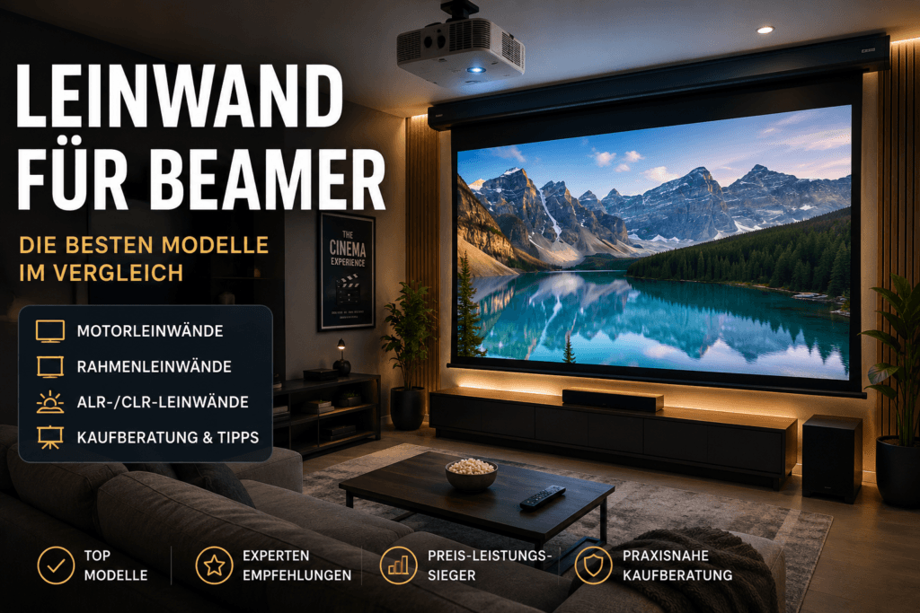 Leinwand für Beamer im modernen Heimkino mit 4K-Projektor und Motorleinwand
