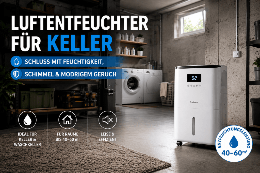 Luftentfeuchter für Keller in moderner Waschküche gegen Feuchtigkeit, Schimmel und modrigen Geruch