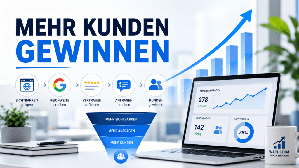 Maßnahme um Kunden zu gewinnen: Titelbild mit Marketing-Funnel, Google-Sichtbarkeit, Bewertungen, Anfragen und steigender Kundengewinnung.