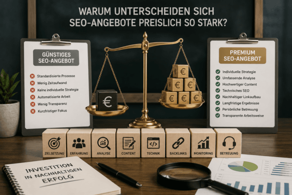 Vergleich zwischen günstigen und hochwertigen SEO-Angeboten mit Waage, Euro-Symbolen und Analyseelementen