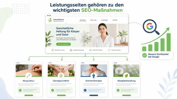 Leistungsseiten gehören zu den wichtigsten SEO-Maßnahmen: Grafik mit Heilpraktiker-Website und einzelnen Unterseiten für Akupunktur, Darmgesundheit, Schmerztherapie und Allergiebehandlung.