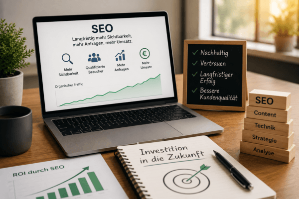 Laptop mit steigenden SEO-Kennzahlen, Diagrammen und Symbolen für langfristigen Unternehmenserfolg