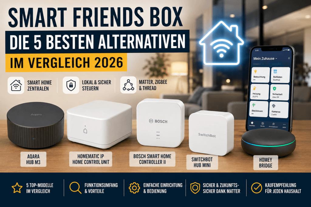 Smart Friends Box Alternativen im Vergleich mit Aqara Hub M3, Homematic IP, Bosch Smart Home Controller II, SwitchBot Hub Mini und Homey Bridge