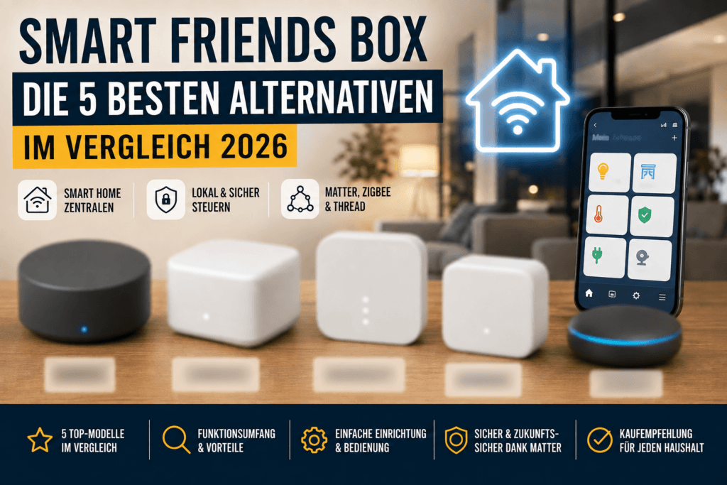 Smart Friends Box Alternativen im Vergleich mit Aqara Hub M3, Homematic IP, Bosch Smart Home Controller II, SwitchBot Hub Mini und Homey Bridge