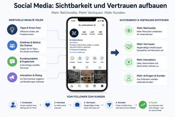 Social Media: Sichtbarkeit und Vertrauen aufbauen – Infografik zeigt den Weg von hilfreichen Inhalten über Reichweite bis zu neuen Kunden.