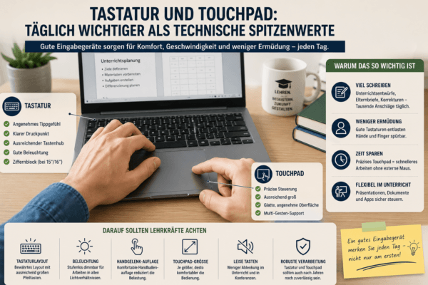 Infografik zu Tastatur und Touchpad eines Laptops für Lehrer mit Fokus auf Schreibkomfort, Präzision, Ergonomie und Produktivität im Unterricht