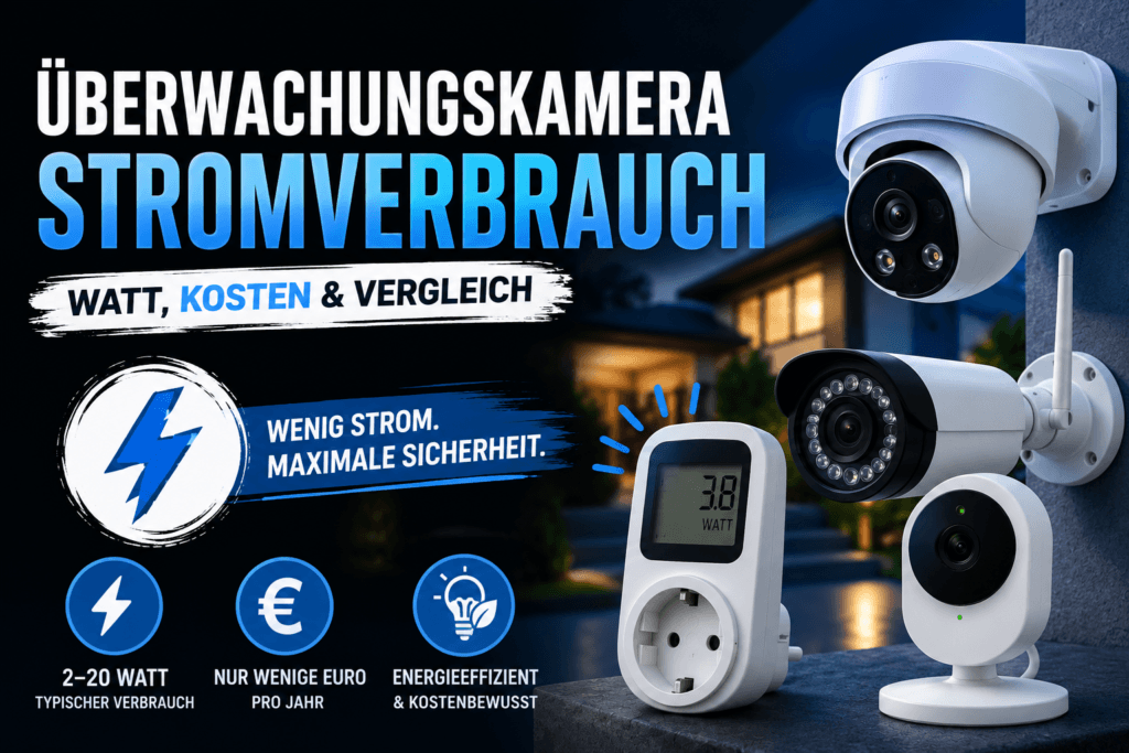 Überwachungskamera Stromverbrauch mit Innen- und Außenkameras sowie Strommessgerät im Vergleich