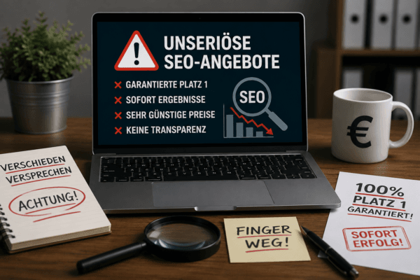 Laptop mit Warnhinweisen zu unseriösen SEO-Angeboten und typischen Versprechen wie Platz-1-Garantien