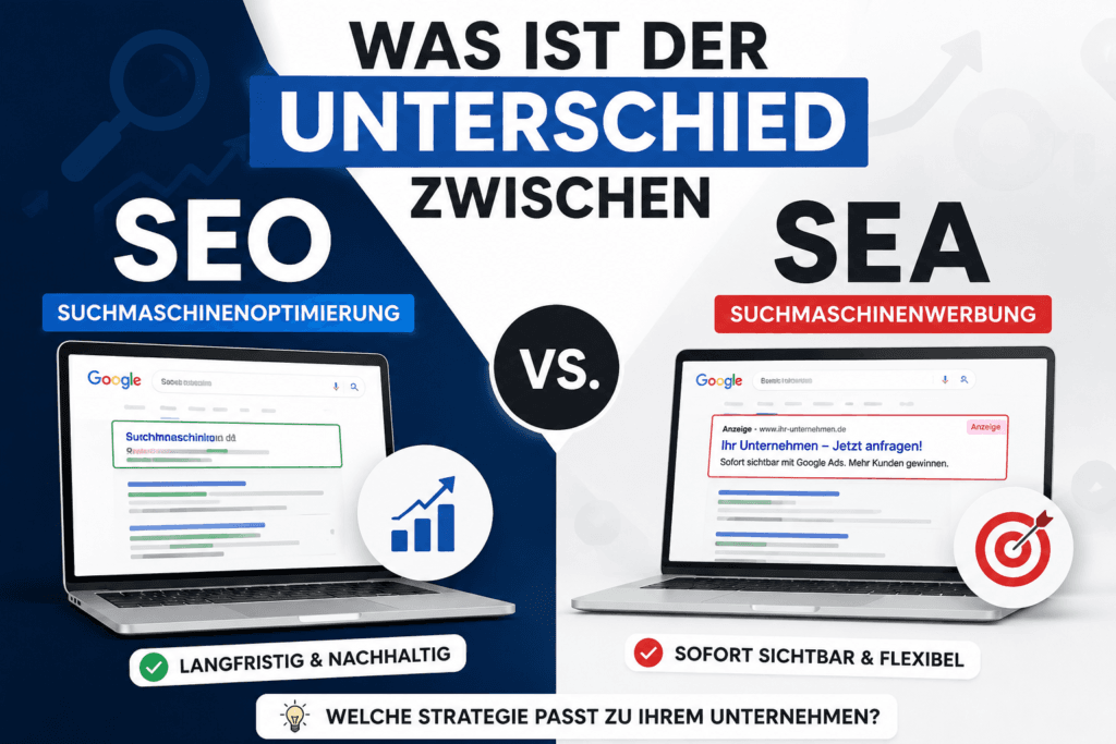 Unterschied zwischen SEO und SEA einfach erklärt mit Vergleich von Suchmaschinenoptimierung und Google Ads