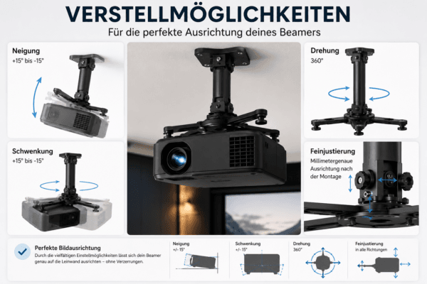 Verstellmöglichkeiten einer Beamer Halterung mit Neigung, Schwenkung und Drehung