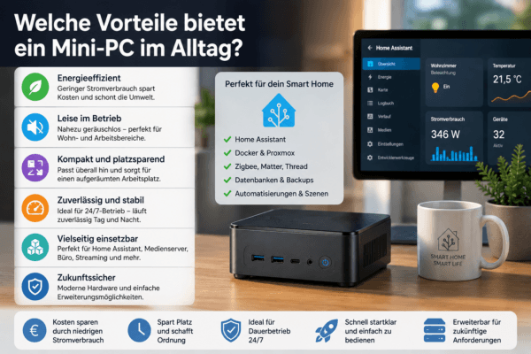 Mini PC für Home Assistant mit den wichtigsten Vorteilen wie geringem Stromverbrauch, leisem Betrieb, hoher Zuverlässigkeit und einfacher Erweiterbarkeit