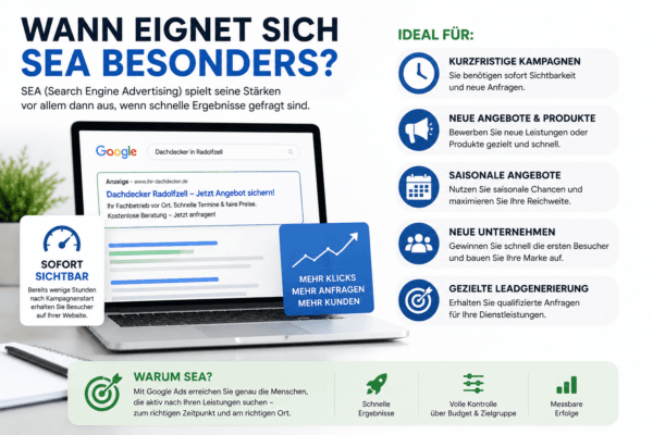 Wann eignet sich SEA besonders? Infografik zu Google Ads für schnelle Sichtbarkeit, mehr Klicks und gezielte Kundenanfragen.