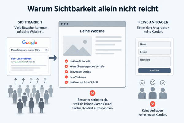 Warum Sichtbarkeit allein nicht reicht: Infografik zeigt, wie viele Website-Besucher ohne klare Botschaft und Vertrauen nicht zu Kunden werden.