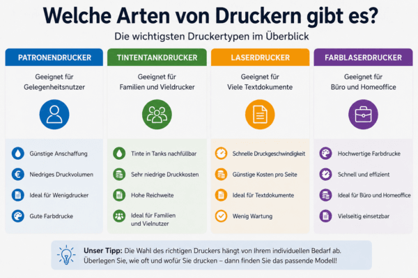 Welche Arten von Druckern gibt es? Die wichtigsten Druckertypen im Vergleich für Zuhause und Homeoffice.