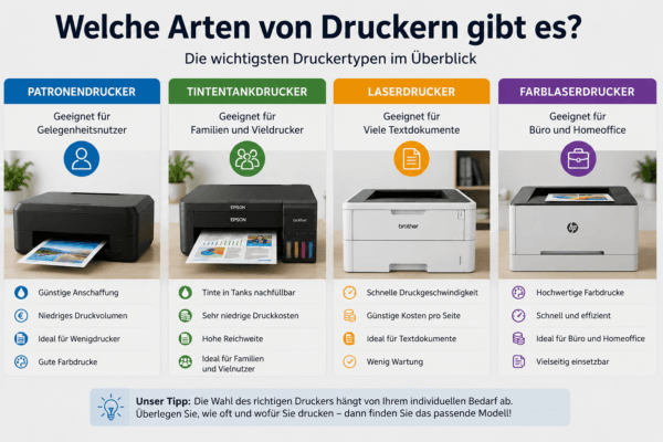 Welche Arten von Druckern gibt es? Die wichtigsten Druckertypen im Vergleich für Zuhause und Homeoffice.