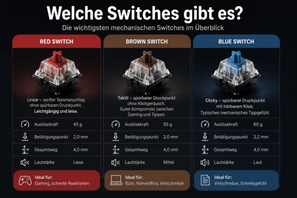 Welche Switches gibt es? Vergleich der mechanischen Red-, Brown- und Blue-Switches mit ihren Eigenschaften und Einsatzbereichen.