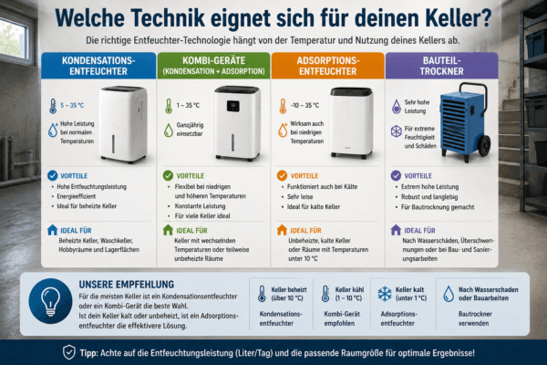 Infografik vergleicht Kompressor- und Adsorptions-Luftentfeuchter für verschiedene Kellertypen