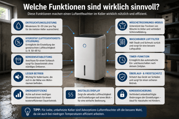 Infografik zeigt die wichtigsten Funktionen eines Luftentfeuchters für den Keller