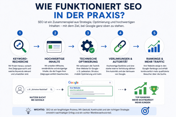 Wie funktioniert SEO in der Praxis? Grafik mit den wichtigsten Schritten von der Keyword-Recherche bis zu besseren Google Rankings.
