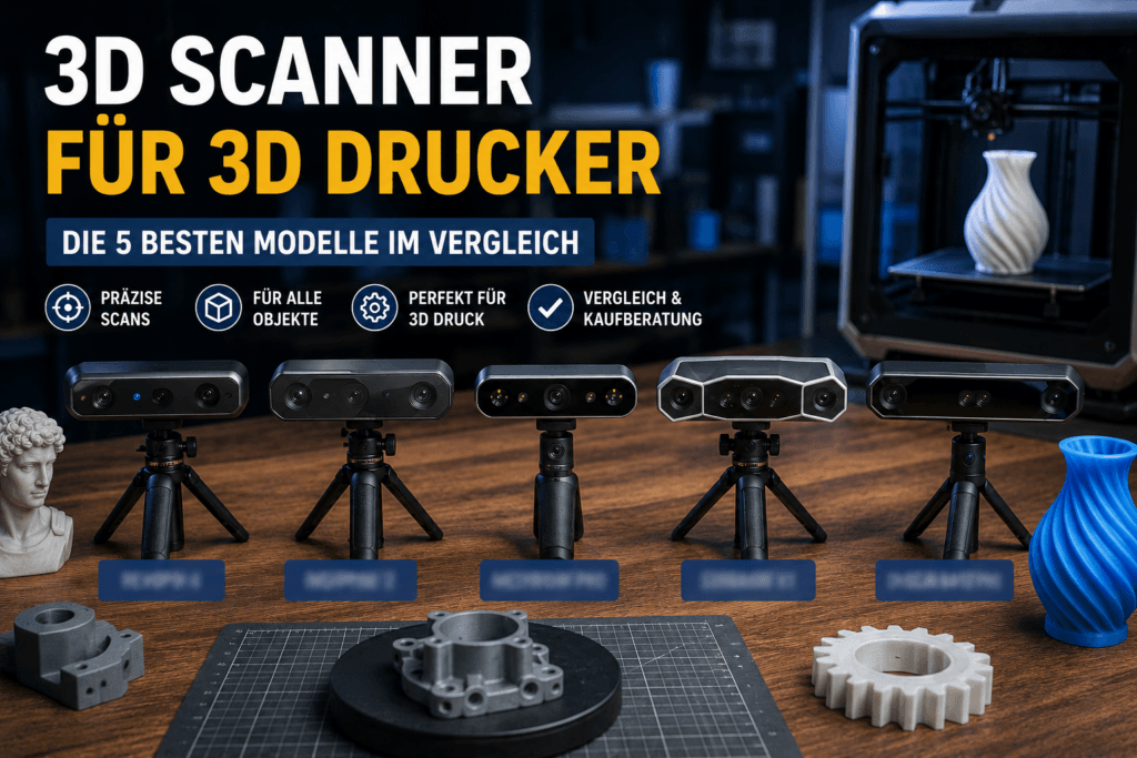 Fünf 3D Scanner für 3D Drucker mit verschiedenen 3D-gedruckten Bauteilen und Modellen